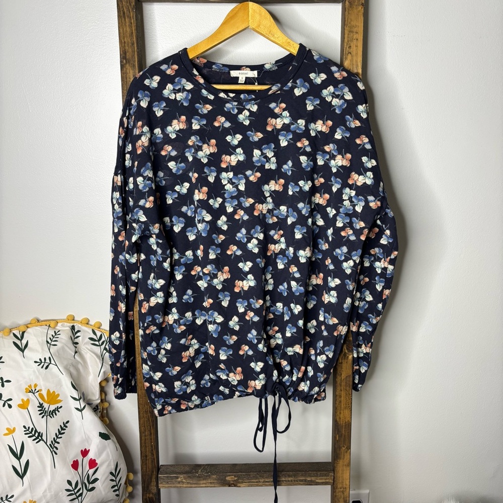 Easel Floral Print Navy Blue Synched Drawstring Sweatshirt